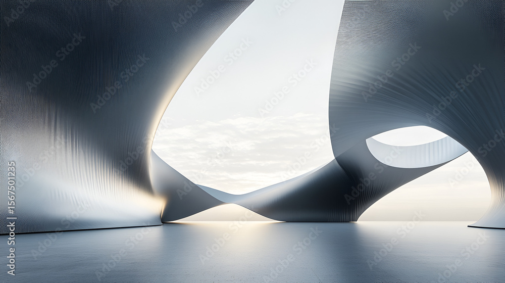 Poster swirling futuristic architecture featuring abstract shapes a smooth reflective floor under bright cl