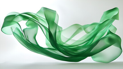 Swirling green fabric gracefully floats against a bright white backdrop