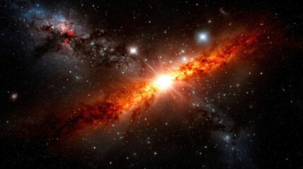 Fototapeta premium A star-studded galaxy with a bright central core and swirling arms of orange, red, and white.