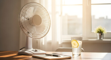 Electric Fan and Iced Drink on Wooden Desk During Summer