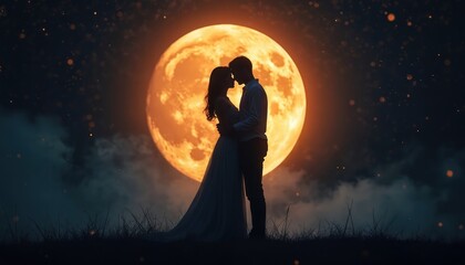 Couple embracing under large full moon. Silhouettes show man, woman in romantic night scene. Love, connection, intimacy conveyed through moonlight, stars, clouds. Dreamy, magical atmosphere.