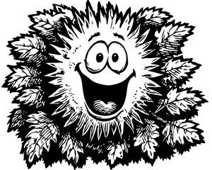 Happy sun surrounded by leaves. Cheerful cartoon illustration