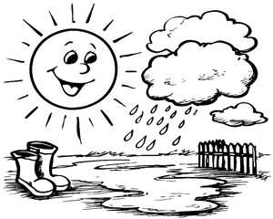 Happy sun, rain clouds, puddles, boots, and fence. Simple, childlike drawing