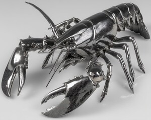 Highly polished, metallic lobster sculpture.  Detailed claws and body