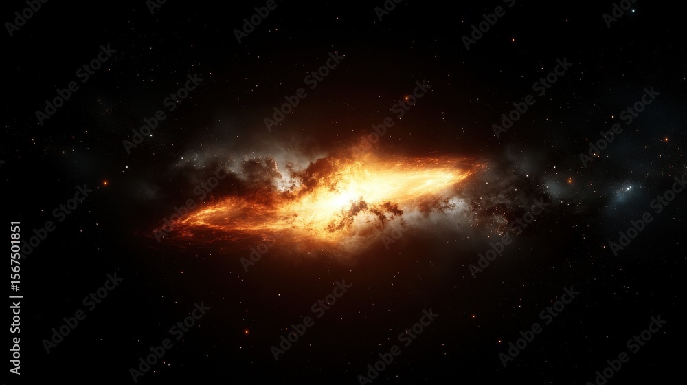 Poster a fiery nebula with a bright core and swirling clouds of gas and dust.