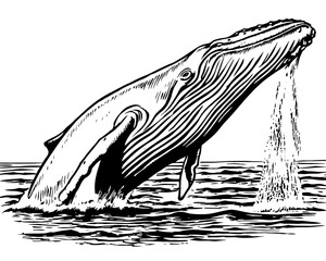 Humpback whale breaching ocean surface, detailed line art illustration