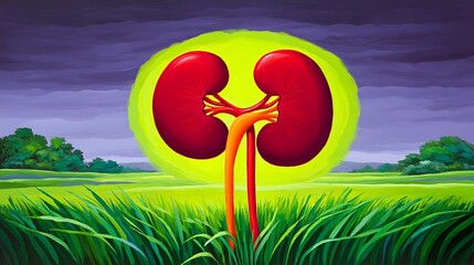 Idyllic landscape with prominent human kidneys, symbolizing life and nature's interconnectedness