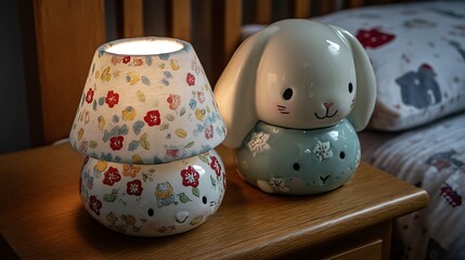 Illuminated mushroom & bunny nightlights on wooden surface