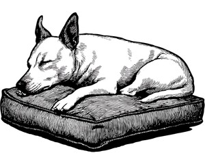 Ink drawing of a dog peacefully sleeping on a cushioned bed