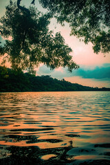 Golden hour sunset over a tranquil lake with reflections of vibrant sky hues and green trees. Ideal for nature wallpapers, peaceful landscape scenes, and eco tourism visuals