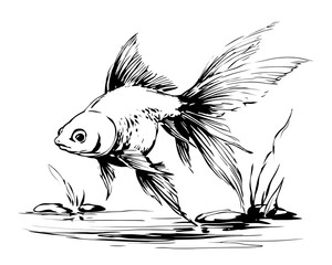 Ink sketch of goldfish, detailed fins, aquatic plants