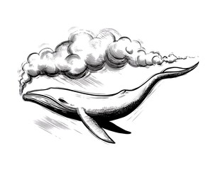 Ink sketch of a whale exhaling a cloud-like plume