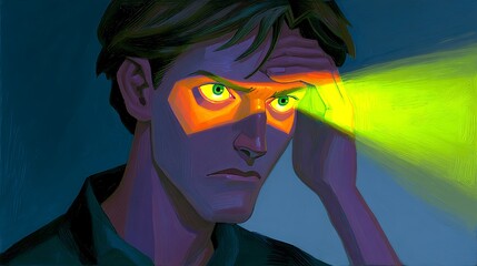 Intense gaze, illuminated eyes, thoughtful expression.  Hand touches forehead