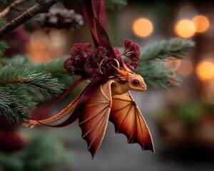Intricate handcrafted dragon ornament hangs from a Christmas tree branch, showcasing autumnal colors and detailed wings