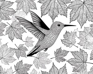 Intricate hummingbird amidst detailed maple leaves.  Monochrome illustration