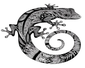 Intricate monochrome gecko coiled in a spiral, detailed patterns adorning its body
