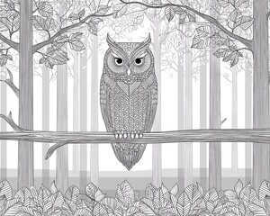 Intricate owl perched on a branch in a detailed forest scene.  Monochromatic design