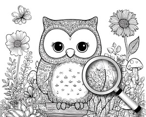 Intricate owl design amidst flowers and foliage, perfect for coloring