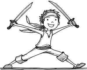 Joyful cartoon pirate wielding two swords, dynamic pose