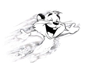 Joyful cartoon rodent in motion, sketched style, dynamic pose, monochrome