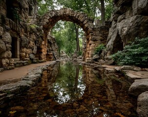 This photo of a park taken on a cloudy day features clear reflections on the calm water. The photo was taken from behind a bridge through a stone arch. It highlights the intricate details of the old b
