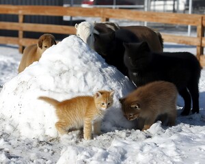 Kittens and ponies playing in snowy winter scene.  Adorable animals enjoying the cold weather