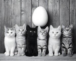 Kittens and egg on wooden planks