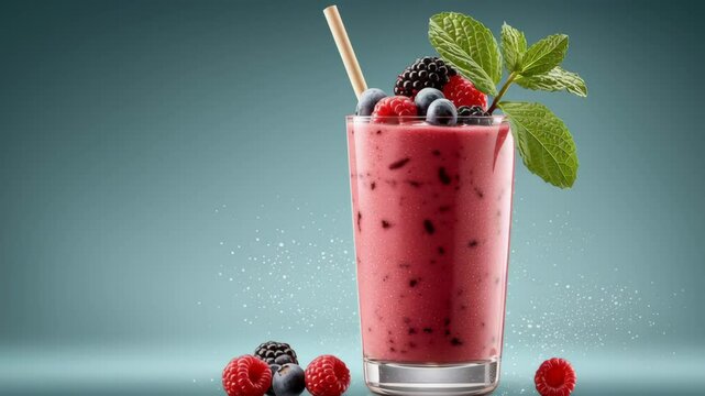 Glass of pink drink with a straw and raspberries on top. The drink is a raspberry smoothie