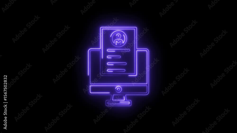Poster glowing neon resume on computer screen display animation recruitment process concept