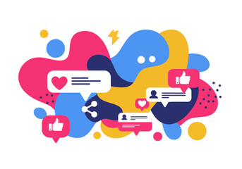 Abstract illustration of social media icons, including likes, shares, and comments, against colorful fluid shapes.