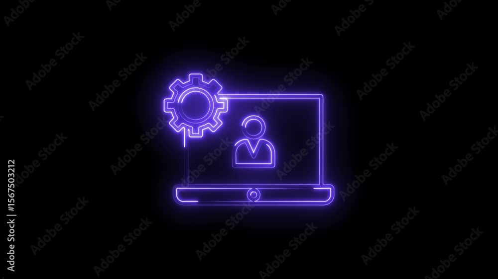 Poster neon laptop displaying user settings icon and gear animation for digital security
