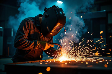 Close-up of industrial welder at work creating bright electric sparks while fusing metal in a modern fabrication workshop with protective gear, cinematic lighting, and intense manual precision