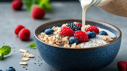 Creamy yogurt poured over bowl of granola topped with fresh berries and chia seeds