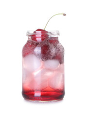Jar of tasty cherry lemonade on white background
