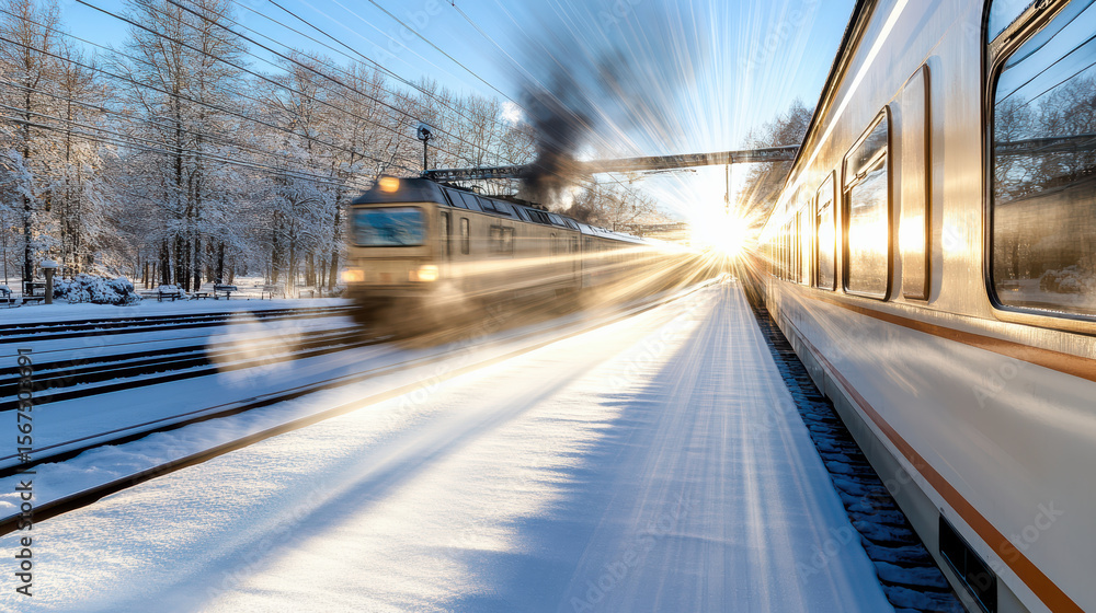 Poster train approaches station, creating dynamic scene with motion blur and winter scenery