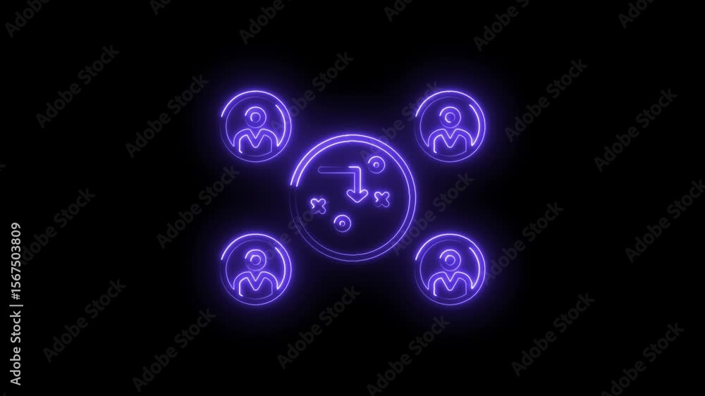 Poster neon teamwork strategy animation on black background demonstrating planning,collaboration and proble