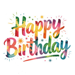 Happy Birthday Typography – Colorful Letters with Starburst Accents on White Background