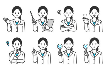 いろいろな表情･ポーズをする女性医師のセット【人物ベクターイラスト素材】