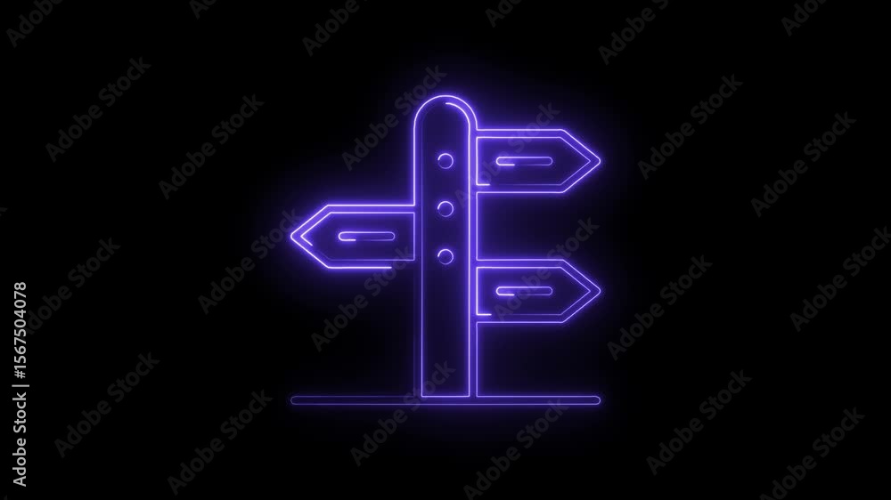 Poster neon signpost animation glows on dark background indicates directions to different destination choic