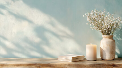 Serene study corner featuring candle, books, and vase with dried flowers against soft blue wall