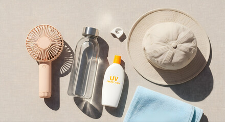 Heatwave Survival Kit Flatlay with Fan, Water Bottle and Sunscreen