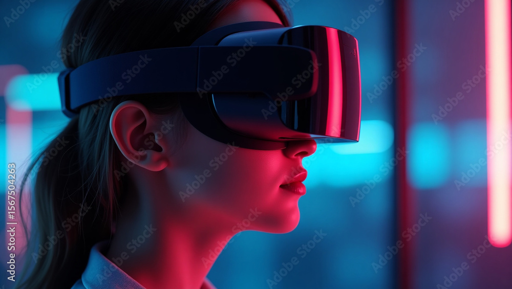 Poster immersive reality: a person wearing a vr headset experiencing a cutting-edge virtual environment, se