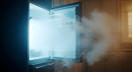 Dramatic shot of an open refrigerator door releasing visible cold mist into a warm kitchen.