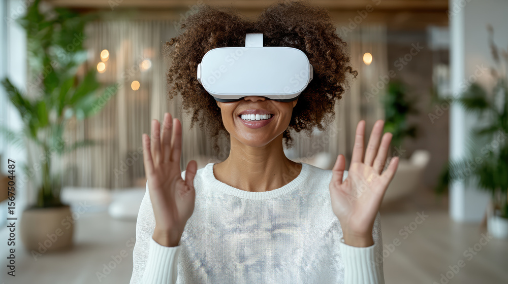 Poster virtual reality user smiling with headset