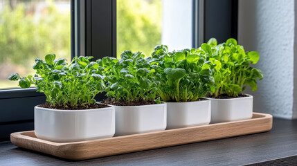 Fototapeta premium Fresh herbs growing white pots windowsill, showcasing vibrant green leaves and healthy growth