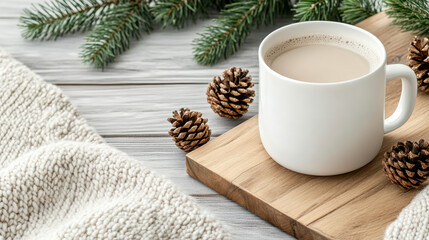 Warm drink, pinecones, cozy atmosphere, winter decor