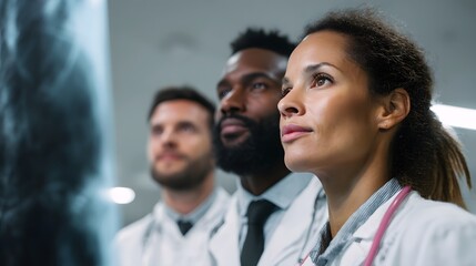 A team of doctors discussing an x ray image on a monitor in a diagnostics room