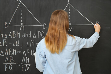 Female math teacher writing on blackboard in classroom, back view