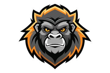 The intense gorilla head features dark gray fur with orange highlights and stern yellow eyes