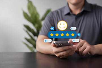 Customer feedback satisfaction,person using smartphone with five-star rating, smiley face icon, positive review comments, thumbs up, digital service evaluation, and online reputation management.